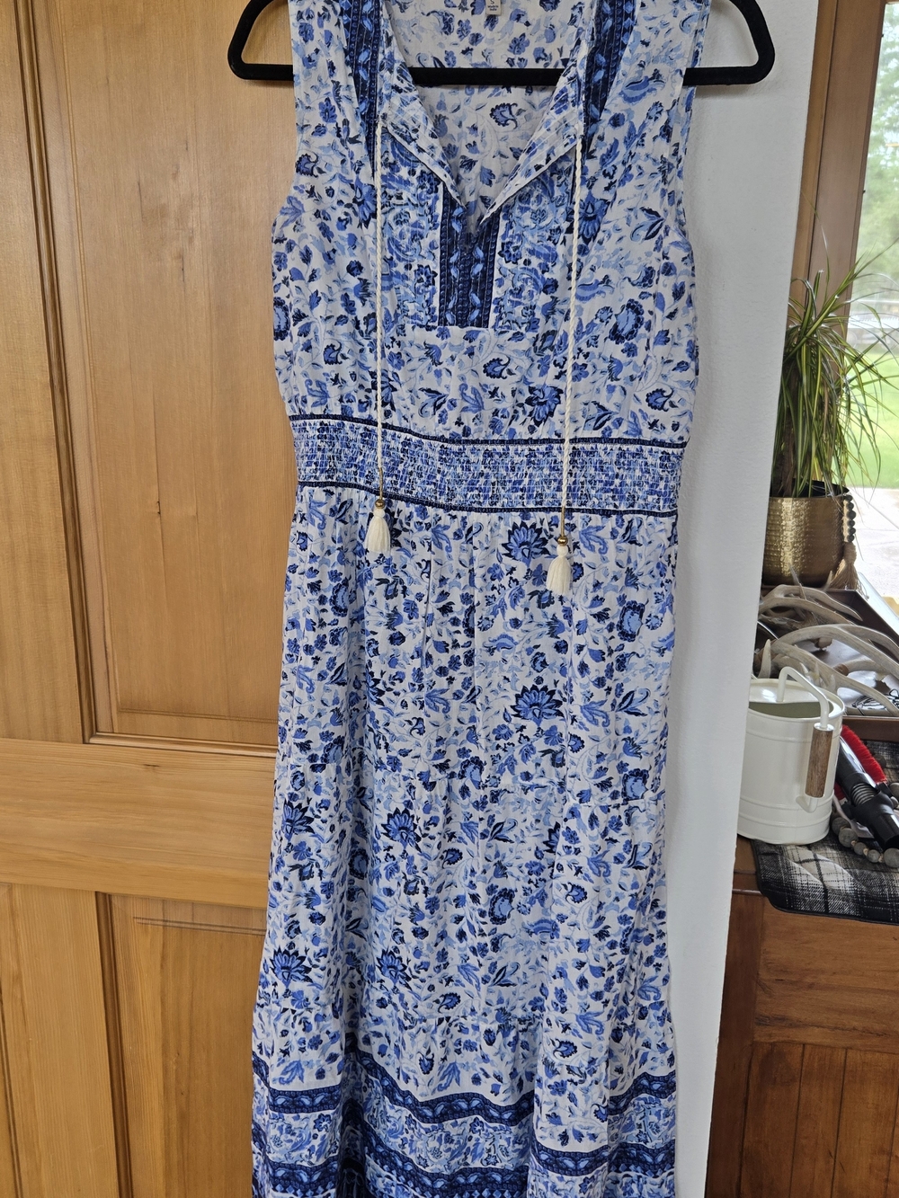 Sleeveless Blue Floral Maxi Dress with Smocked Waist